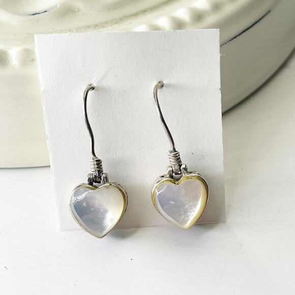 Unbranded Jewelry - Vintage Sterling Silver Mother Of Pearl Heart Earrings .925 Dandle Drop Filigree